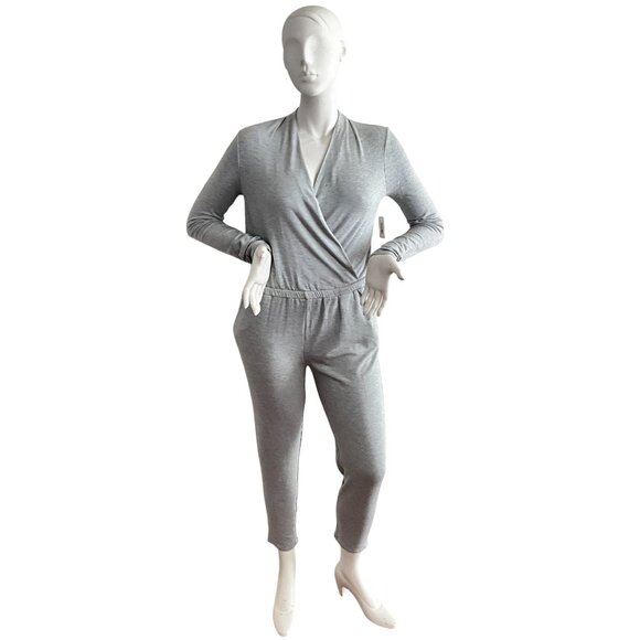 Daily Ritual Long Sleeve Surplice Neckline Jumpsuit Onesie Gray L - Picture 2 of 9